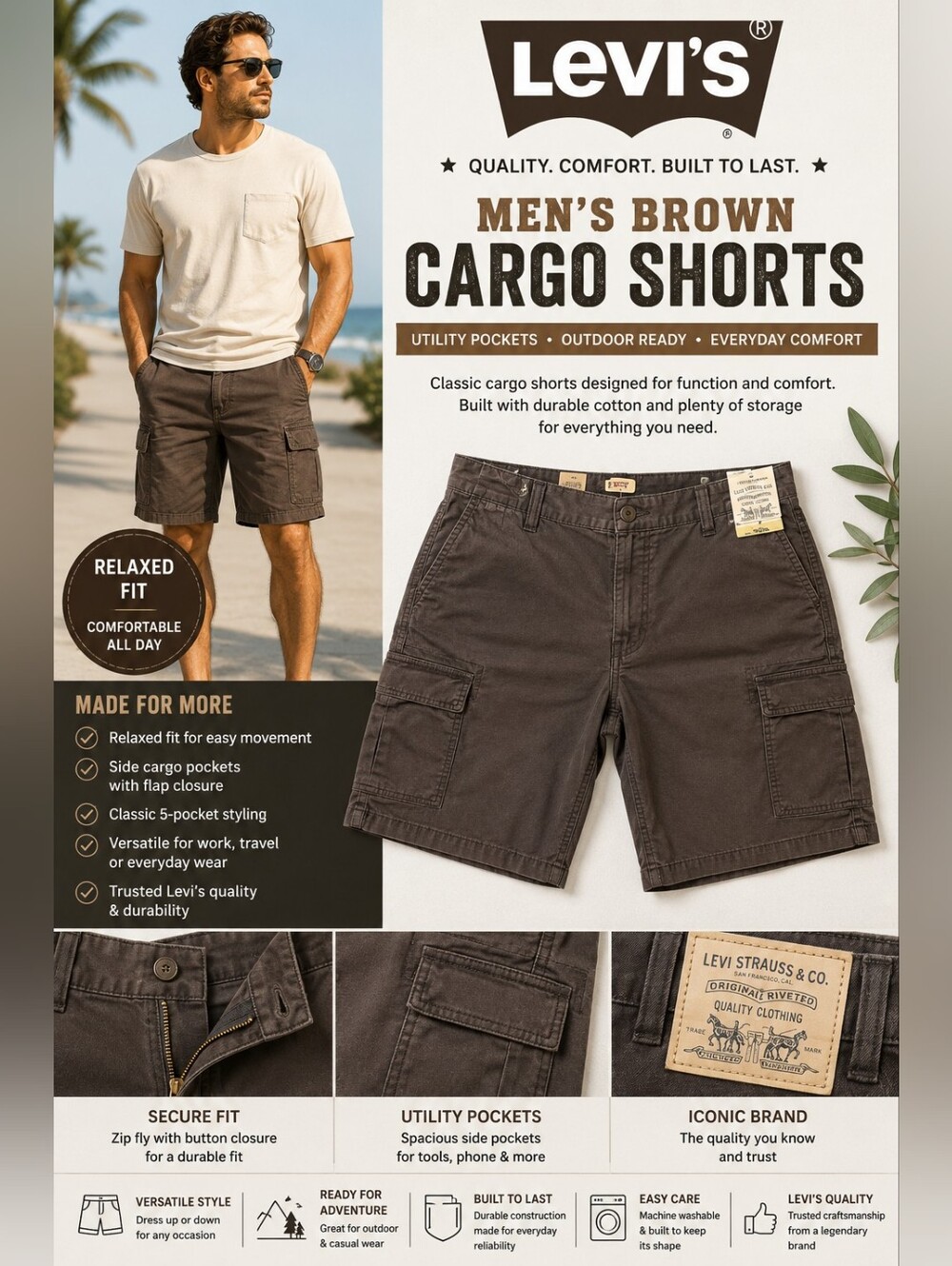 Levi’s Brown Cargo Shorts Men’s Utility Pocket Outdoor Casual Shorts